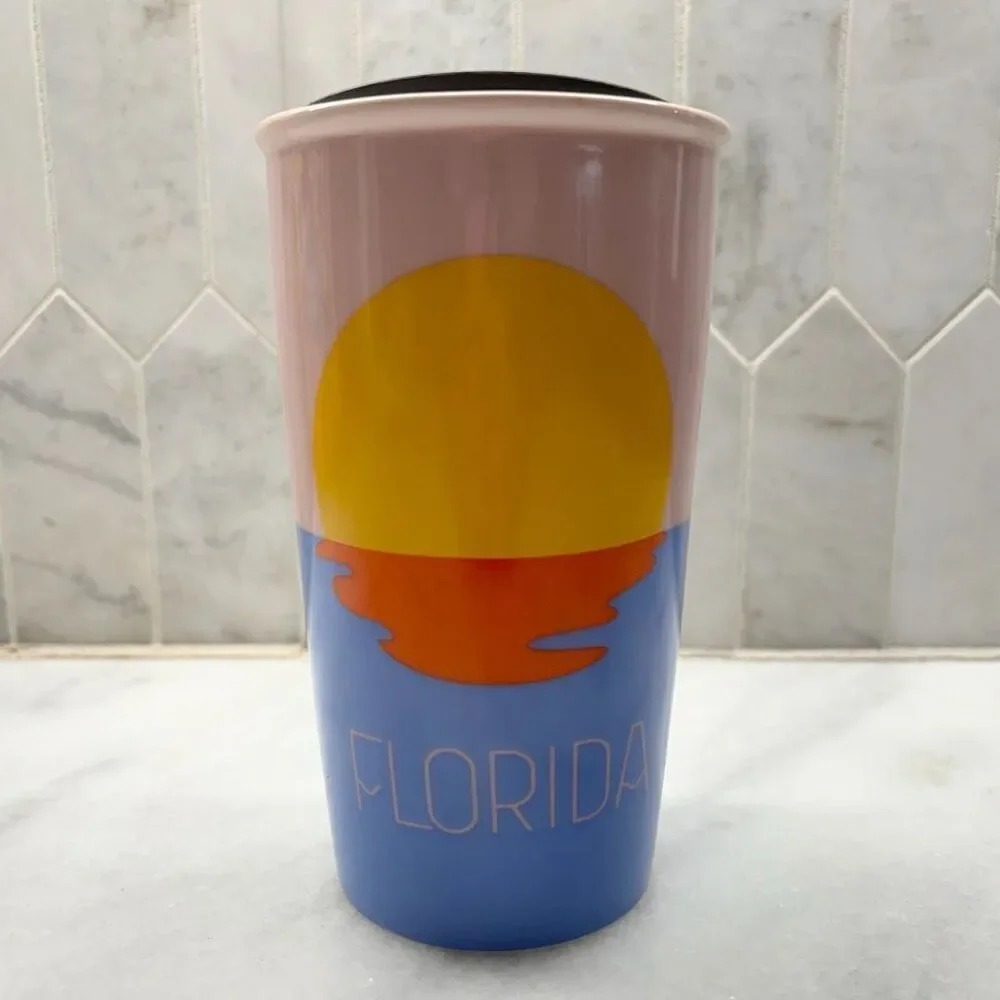 Vintage Starbucks Florida Sunset W/ Pelican Ceramic Coffee Tumbler W/ Lid Multi